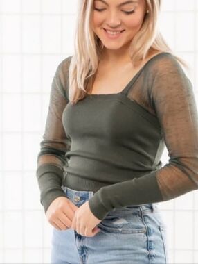 NWT Free People Night After Olive Green Sheer Sleeve Square Neck Sweater